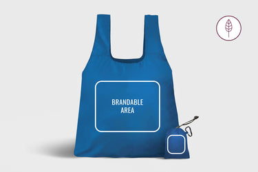 Reusable blue tote bag with a brandable area and a compact storage pouch